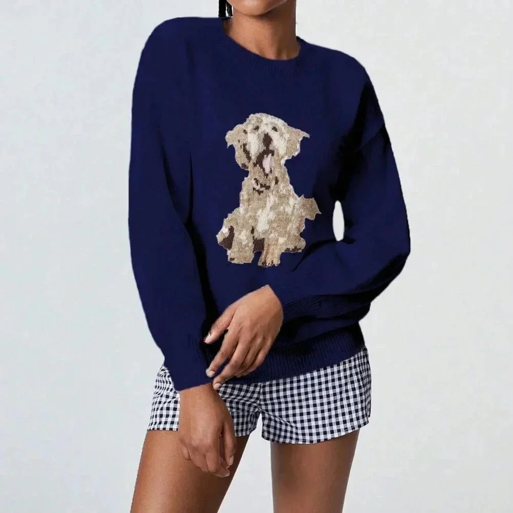Blue Casual Women's Dog Graphic Knitted Sweater - Picture 6 of 6